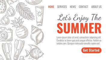 Summer beach elements and accessories, monochrome minimalist style. Sunglasses, pineapple, camera, flippers, seashell and sunscreen, fish. Landing page template for website, web, online, banner vector