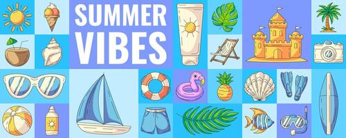 Geometric modern horizontal banner with summer beach colorful icons. Summer vibes. Minimalist abstract layout for poster, flyer, cover, brochure, party. Background, summertime fun concept vector
