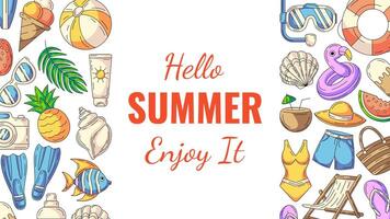 Summer colorful horizontal banner, beach accessories icons. Side borders frame, copy space, isolated on white. Hello summertime. For poster, flyer, card, invitation, social media, party or event vector