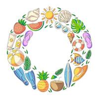 Summer holiday elements in round shape frame. Square card, colorful beach accessories icons isolated on white, space for text in the middle. For poster, flyer, banner, invitation, social media. vector