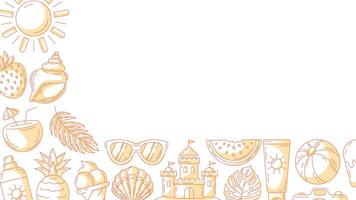 Summer minimalist horizontal banner, beach accessories, monochrome orange icons. Side border frame, copy space, isolated on white. Summertime, sun and fun. For poster, flyer, card, invitation vector