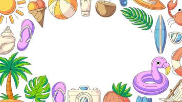 Summer colorful horizontal banner, beach accessories icons. Round border frame, space for text in the middle, isolated on white. Summertime, enjoy every moment. For poster, flyer, card, invitation vector