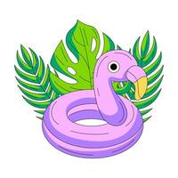 Inflatable swimming ring in the shape of a flamingo, tropical leaves, plumeria and monstera. Composition with summer vacation elements and accessories. Flat for sticker, scrapbook, social media vector