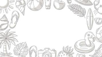 Summer minimalist horizontal banner, beach accessories gray monochrome icons. Round border frame, copy space in the middle, isolated on white. Enjoy every moment. For poster, flyer, card, invitation vector