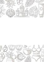 Summer minimalist vertical a4 poster, beach elements and accessories icons, monochrome gray. Upper and bottom border frame, copy space, isolated on white. For card, banner, invitation, social media vector