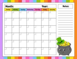 Blank calendar template for one month without dates. vector