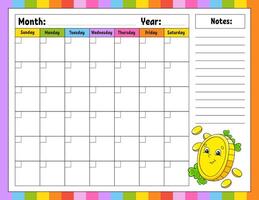 Blank calendar template for one month without dates. vector