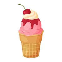 Cherry Ice Cream with whipped cream and syrup in waffle cup. Ripe berry Cool refreshing dessert Hand drawn flat style isolated cheerful and summery appearance illustration vector