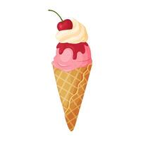 Cherry Ice Cream with whipped cream and syrup in a waffle cone. Ripe berry Cool refreshing dessert Hand drawn flat style isolated cheerful and summery appearance illustration vector