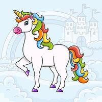 Cute unicorn. Magic fairy horse. Landscape with a beautiful castle. Cartoon character. Colorful illustration. Isolated on color background. Design element. vector