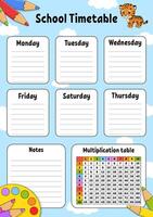 School timetable with multiplication table. vector