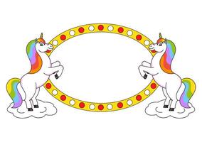 Two cute unicorns reared up. Cartoon style. Color bright illustration. With place for your text. For circus advertisements, advertising. vector