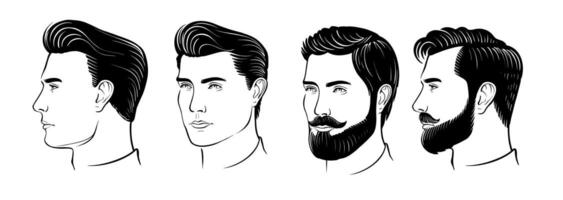 Man with beard. Face with hairstyle set vector