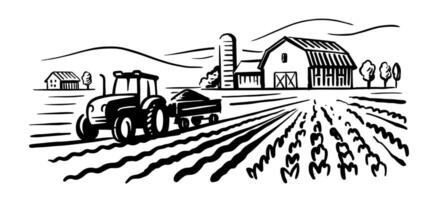 Rustic farm landscape hand drawn with tractor. vector
