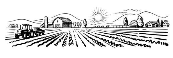 Rustic farm landscape hand drawn with tractor. vector