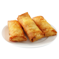 Golden Brown Spring Rolls on White Plate on Transparent background AI-Generative png