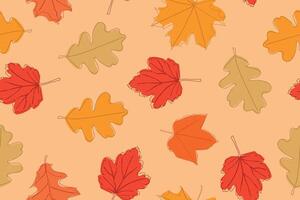 Seamless pattern of bright autumn leaves drawn in a continuous line. Autumn leaf in one line style. Composition of various leaves. Leaves with a simple outline. vector