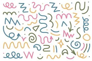 Marker lines, pencil stripes, highlighting elements, illustrations of permanent markers in the form of checkmarks, arrows in different directions. vector
