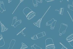 Seamless pattern of cleaning equipment. Cleaning line icons. A line of hand-drawn equipment, cleaning products and tools for cleaning windows and various surfaces. illustration vector