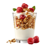 Glass of yogurt with granola and raspberries, yogurt in corner on Transparent background AI-Generative png