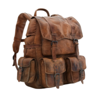 The image shows a vintage leather backpack with a curved handle and adjustable straps, against a plain white background. on Transparent background AI-Generative png