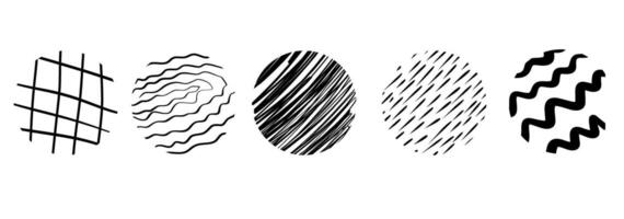 Black round stickers with various hand-drawn pencil crosshatch textures. Naive Doodle Patterns. Design elements for social media posts vector