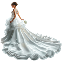 3D rendering of woman in elegant wedding dress with sheer overlay and ruffles on Transparent background AI-Generative png