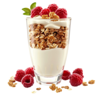 Glass of yogurt topped with cereal and raspberries on transparent background on Transparent background AI-Generative png
