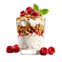 Glass of yogurt with raspberries and granola on white surface on Transparent background AI-Generative png