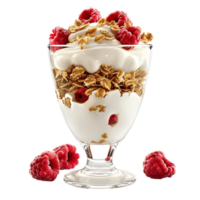 Glass of yogurt with granola, raspberries, whipped cream on transparent background on Transparent background AI-Generative png