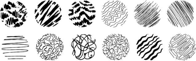 Black round stickers with various hand-drawn pencil crosshatch textures. Naive Doodle Patterns. Design elements for social media posts vector