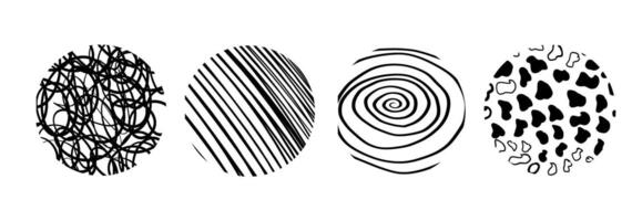 Black round stickers with various hand-drawn pencil crosshatch textures. Naive Doodle Patterns. Design elements for social media posts vector