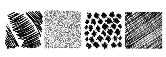 Black square stickers with various hand-drawn pencil crosshatch textures. Naive Doodle Patterns. Design elements for social media posts vector