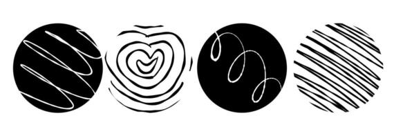 Black round stickers with various hand-drawn pencil crosshatch textures. Naive Doodle Patterns. Design elements for social media posts vector
