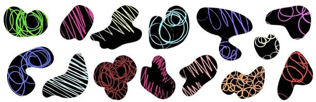 Abstract blob Freeform amoeba shapes set of colored children's texture doodle strokes curls vector