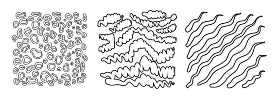 Black square stickers with various hand-drawn pencil crosshatch textures. Naive Doodle Patterns. Design elements for social media posts vector