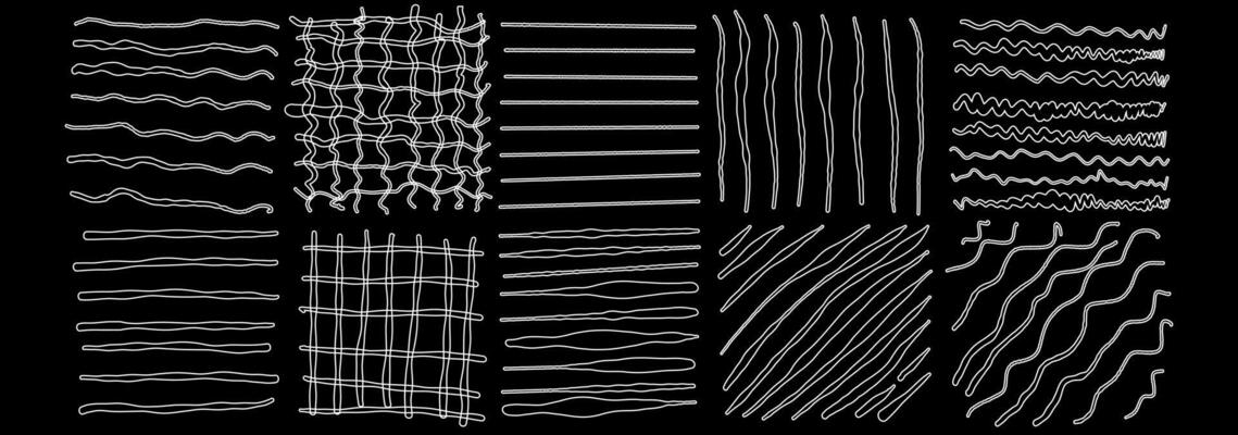 white square stickers with various hand-drawn pencil crosshatch textures. Naive Doodle Patterns. Design elements for social media posts