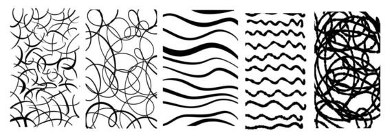 Black horizontal stickers with various hand-drawn pencil crosshatch textures. Naive Doodle Patterns. Design elements for social media posts vector