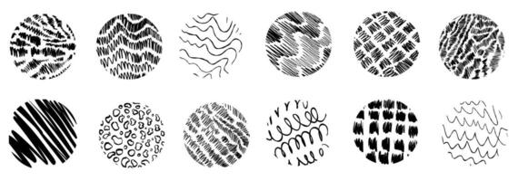 Black round stickers with various hand-drawn pencil crosshatch textures. Naive Doodle Patterns. Design elements for social media posts vector