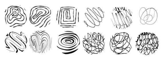 Black round stickers with various hand-drawn pencil crosshatch textures. Naive Doodle Patterns. Design elements for social media posts vector