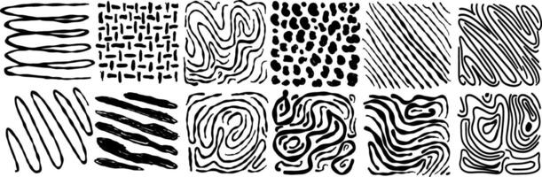 Black square stickers with various hand-drawn pencil crosshatch textures. Naive Doodle Patterns. Design elements for social media posts vector