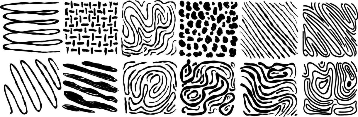 Black square stickers with various hand-drawn pencil crosshatch textures. Naive Doodle Patterns. Design elements for social media posts