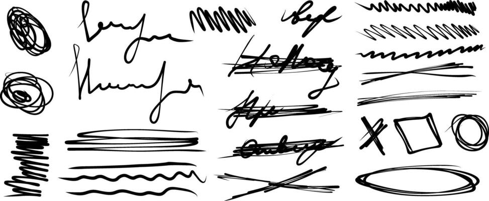 hatching, strikethrough hand drawn children's doodle. illegible handwriting large set