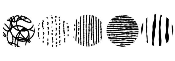 Black round stickers with various hand-drawn pencil crosshatch textures. Naive Doodle Patterns. Design elements for social media posts vector