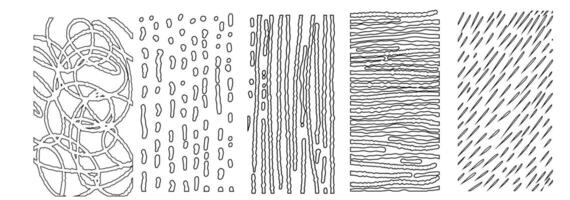 Black horizontal stickers with various hand-drawn pencil crosshatch textures. Naive Doodle Patterns. Design elements for social media posts vector