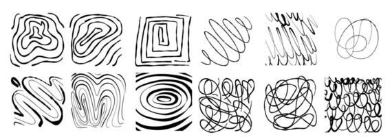 Black square stickers with various hand-drawn pencil crosshatch textures. Naive Doodle Patterns. Design elements for social media posts vector