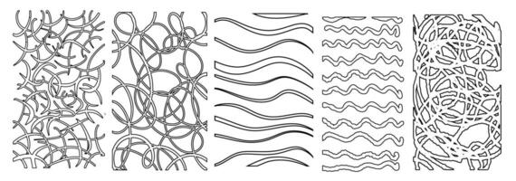 Black horizontal stickers with various hand-drawn pencil crosshatch textures. Naive Doodle Patterns. Design elements for social media posts vector