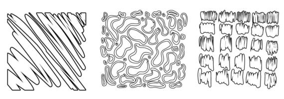 Black square stickers with various hand-drawn pencil crosshatch textures. Naive Doodle Patterns. Design elements for social media posts vector