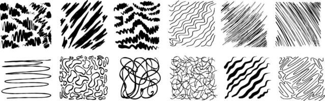 Black square stickers with various hand-drawn pencil crosshatch textures. Naive Doodle Patterns. Design elements for social media posts vector
