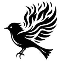 A Majestic Bird Silhouette with Intricate Flame-like Wings in Striking Black Design vector